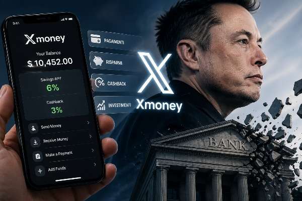 un'immagine creata con l'intelligenza artificiale che ritrae elon musk e l'app Xmoney