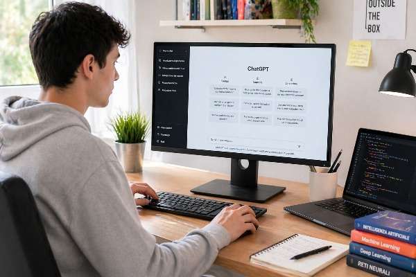 Ragazzo davanti al pc che usa piattaforma AI