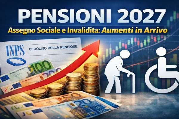 Grafica sulle pensioni 2027 con aumenti per assegno sociale e invalidità, euro e documento INPS