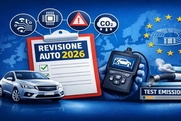 Grafica informativa sulla revisione auto 2026 con icone UE, test emissioni e controlli elettronici