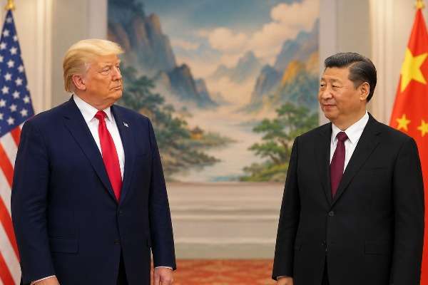 Trump e Xi Jinping al vertice di Pechino, con le bandiere di Usa e Cina sullo sfondo