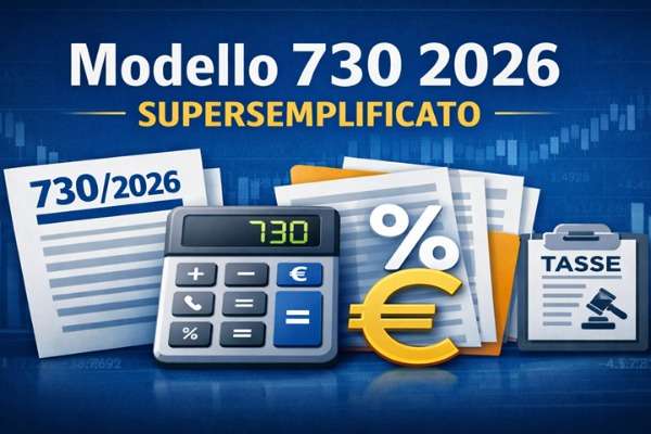 Grafica informativa sul Modello 730/2026 supersemplificato con documenti, calcolatrice e simboli fiscali