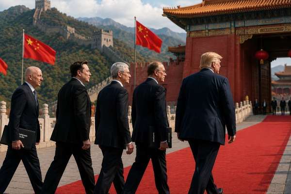 Trump e CEO americani camminano sul tappeto rosso verso l'ingresso della Città Proibita a Pechino, con la Grande Muraglia sullo sfondo e bandiere cinesi