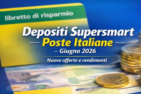 Grafica informativa con libretto di risparmio e monete, dedicata ai nuovi Depositi Supersmart Poste Italiane attivabili a giugno 2026, con titolo centrale e sottotitolo “Nuove offerte e rendimenti”.