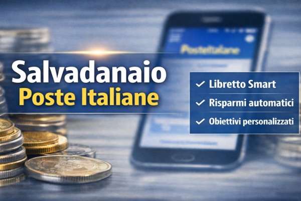 Grafica informativa con monete e smartphone che mostra l’app Poste Italiane, dedicata al servizio Salvadanaio digitale collegato al Libretto Smart.