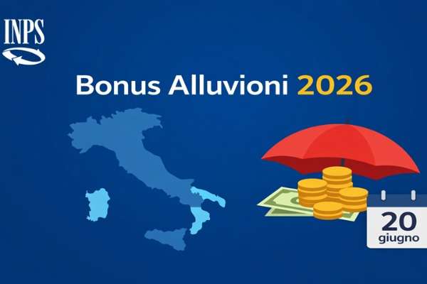 Grafica sul Bonus Alluvioni 2026 con logo Inps, mappa d’Italia e scadenza del 20 giugno