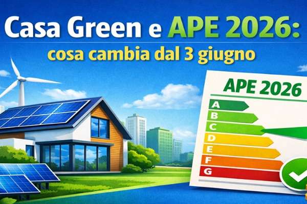 Grafica informativa Casa Green e APE 2026 con casa sostenibile, pannelli solari e scala energetica europea