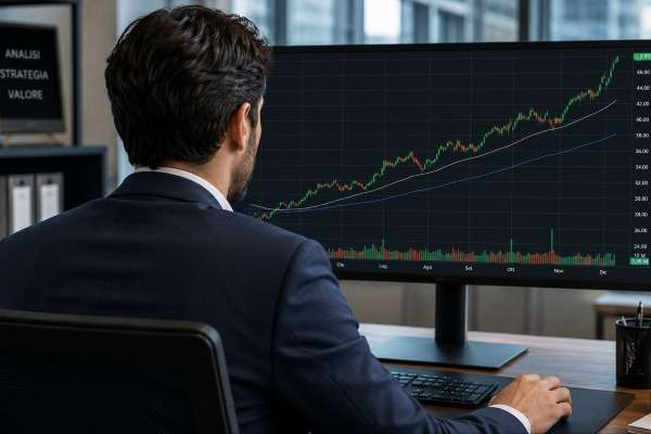 Analista finanziario osserva un grafico azionario in rialzo su monitor in ufficio