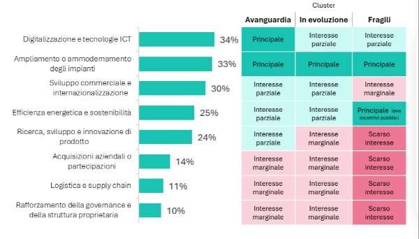 Tabella con colori differenti che mostra gli ambiti di investimento delle Pmi italiane, suffivise per avanguardiste, in evoluzione e fragili. Vengono trascurati gli aspetti di governance e crescita dimensionale. 