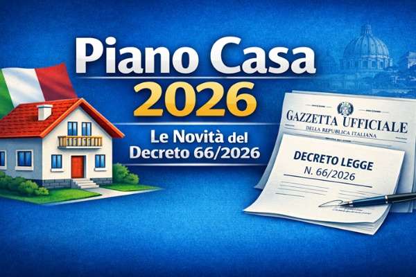 Grafica sul Piano Casa 2026 con decreto legge, Gazzetta Ufficiale e illustrazione di una casa