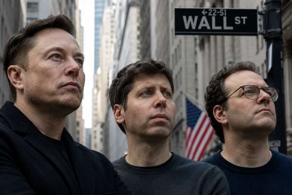 Elon Musk, Sam Altman e Dario Amodei davanti al cartello di Wall Street a New York