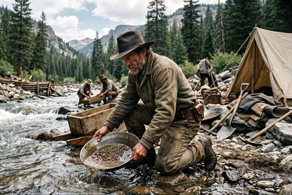 Cercatori d'oro all'opera in un fiume tra alberi e montagne