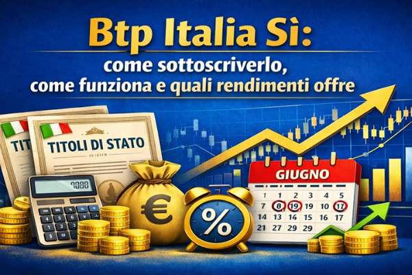 Grafica finanziaria Btp Italia Sì con titoli di Stato, grafici economici e simboli di rendimento