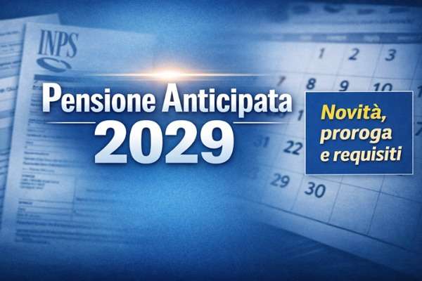 Grafica informativa sulla Pensione Anticipata 2029 con documenti INPS e calendario, dedicata alle novità sulla proroga e sui requisiti di accesso.