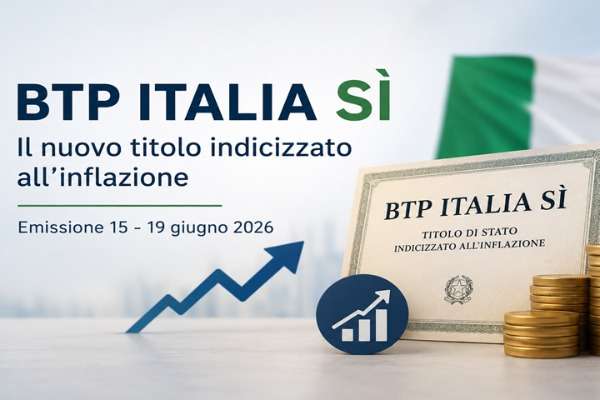 Grafica del Btp Italia Sì 2026 con certificato finanziario, bandiera italiana e simboli di crescita economica.