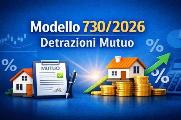 Grafica sul Modello 730/2026 con casa, documenti fiscali e simboli percentuali dedicata alla detrazione degli interessi del mutuo prima casa.