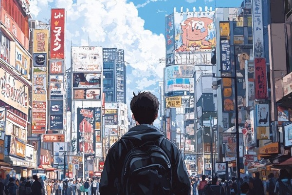 Un giovane di spalle a Tokyo in un'illustrazione manga