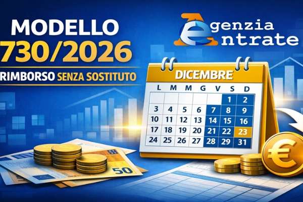 Grafica sul Modello 730/2026 con rimborso senza sostituto e calendario di dicembre