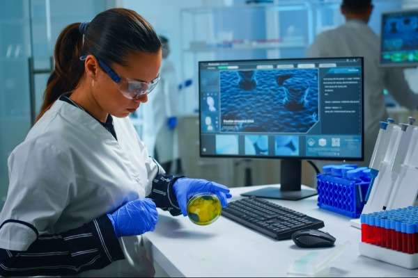 Una ricercatrice all'interno di un laboratorio