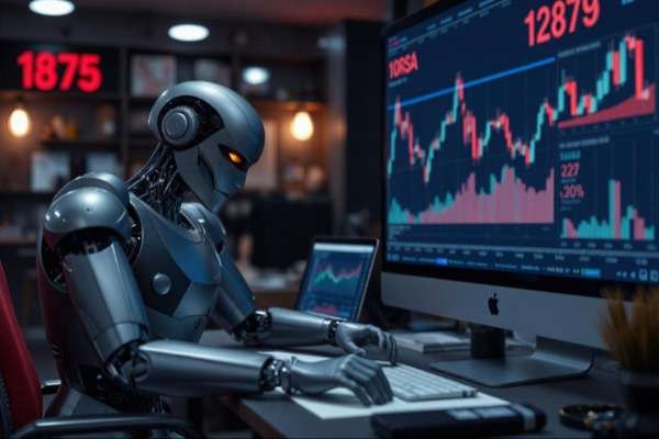 Un umanoide davanti allo schermo di un pc che riporta il grafico a candela di una asset class