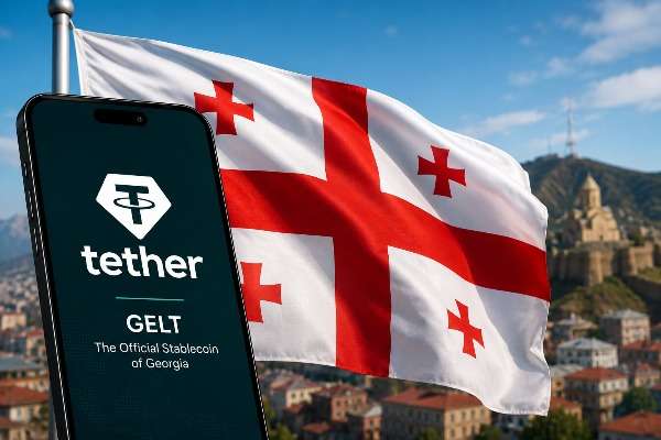 un'immagine con un cellulare che riprende il logo di Tether e dietro la bandiera della Georgia