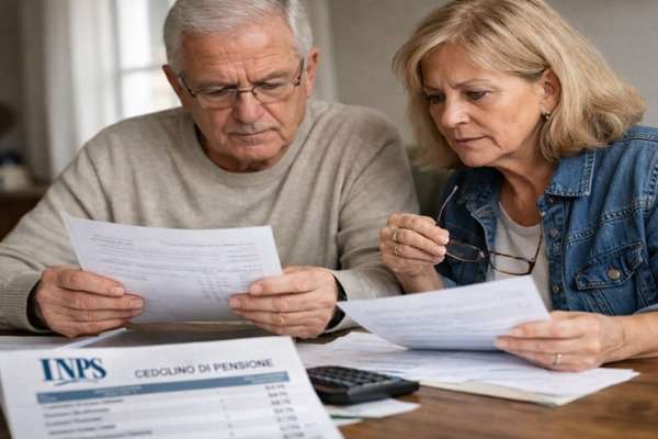Anziani che controllano documenti Inps relativi a pensioni, rimborso e conguagli Irpef