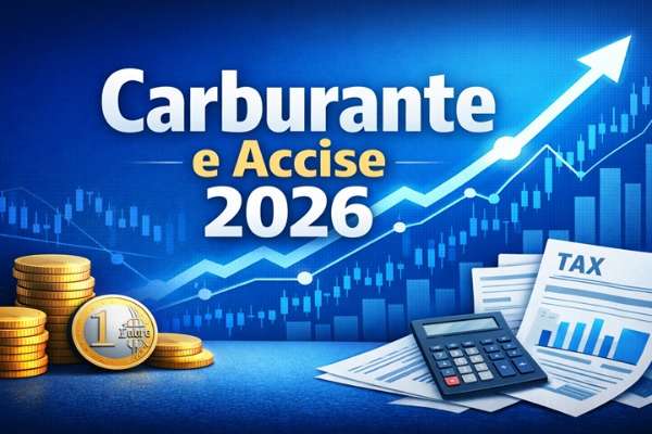 Grafico finanziario in crescita con monete euro e documenti fiscali, illustrazione sul tema carburante e accise 2026.