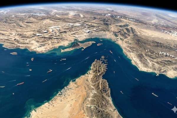 Una vista satellitare dello Stretto di Hormuz e del suo traffico navale
