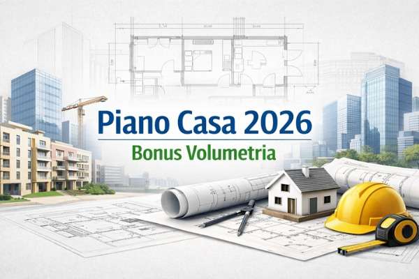 Grafica del Piano Casa 2026 con edifici moderni, planimetrie e strumenti da cantiere che illustrano il Bonus Volumetria per alloggi a canone calmierato.