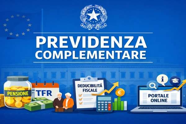 Grafica sulla Previdenza Complementare con icone pensione, TFR e portale online del Ministero del Lavoro