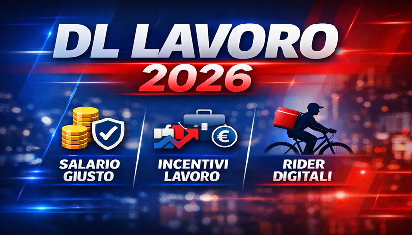 Grafica informativa sul DL Lavoro 2026 con titolo grande e icone su salario giusto, incentivi al lavoro e rider digitali