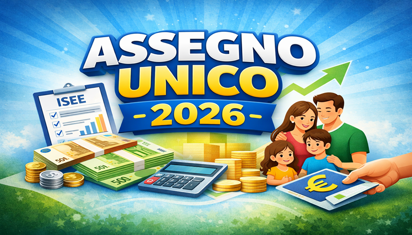Grafica informativa sull’Assegno Unico 2026 con famiglia, euro e documento ISEE
