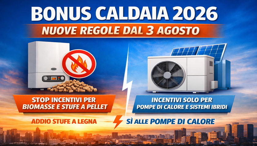 Grafica informativa Bonus Caldaia 2026 con nuove regole dal 3 agosto, stop agli incentivi per biomasse e stufe a pellet, via libera alle pompe di calore