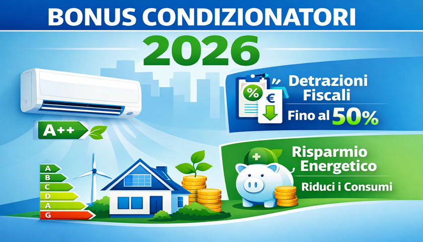 Grafica informativa sul Bonus Condizionatori 2026 con climatizzatore, risparmio energetico e detrazioni fiscali fino al 50%