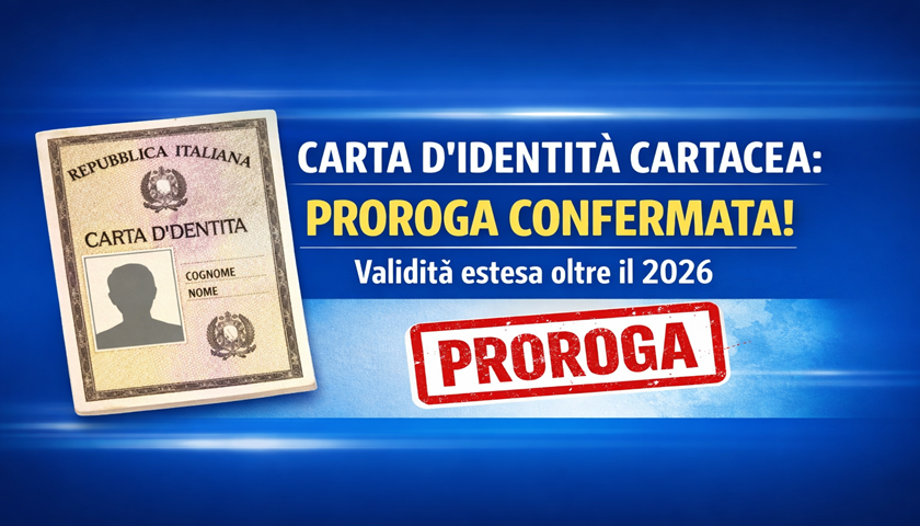 Grafica informativa sulla proroga della carta d’identità cartacea con documento e timbro rosso “Proroga”, sfondo blu istituzionale.