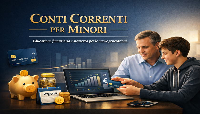Padre e figlio davanti a un laptop con carta di debito e salvadanaio, simbolo dei conti correnti per minori e dell’educazione finanziaria.