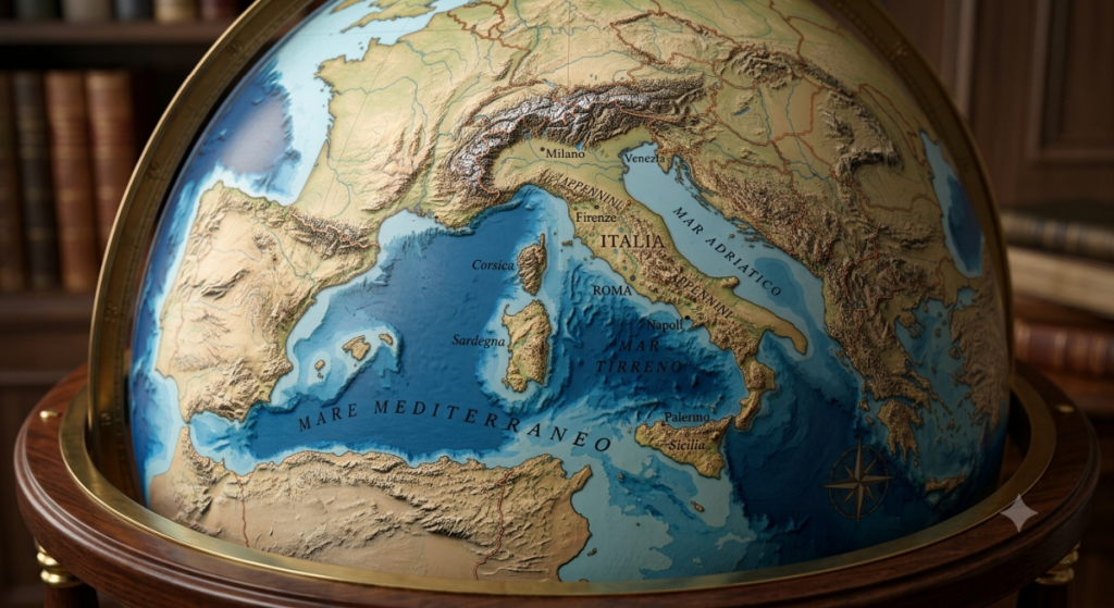 Un mappamondo in legno, mostra in primo piano la penisola italiana al centro del Mar Mediterraneo