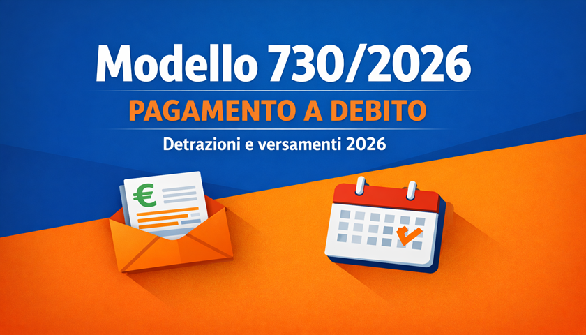 Grafica informativa sul Modello 730/2026 con titolo “Pagamento a debito” e sottotitolo “Detrazioni e versamenti 2026”, colori blu e arancio, icone di busta paga e calendario