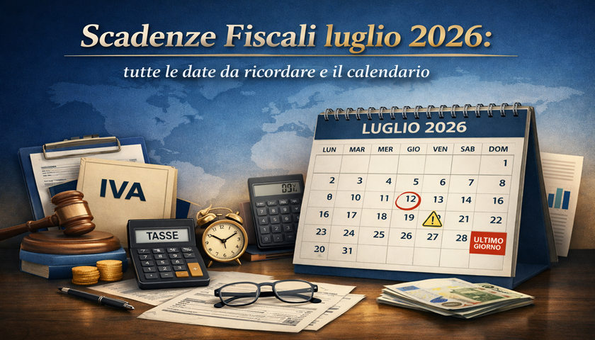 Calendario fiscale luglio 2026 con date evidenziate, documenti IVA, calcolatrice e monete euro su sfondo blu professionale.