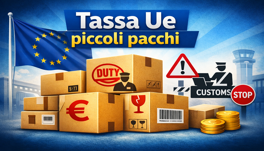 Grafica sulla tassa Ue sui piccoli pacchi con bandiera europea, scatole e simboli doganali