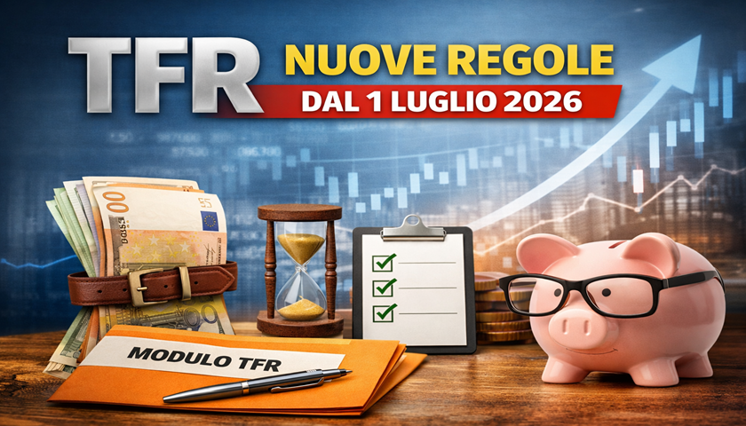 Grafica informativa sul TFR 2026 con piggy bank, euro e modulo TFR, nuove regole dal 1° luglio