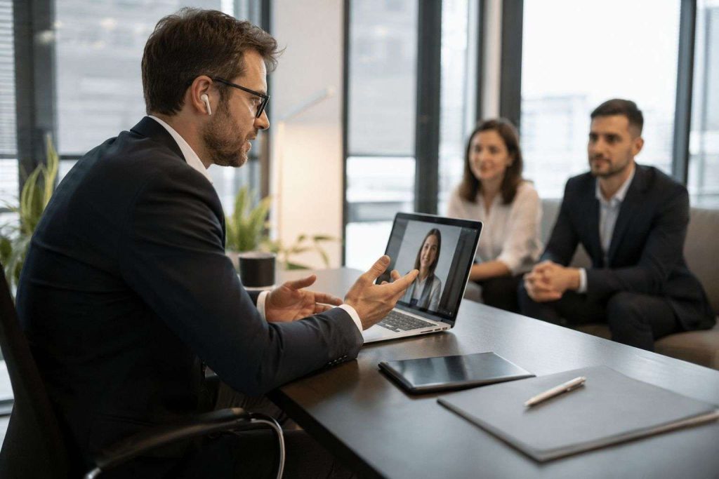 Consulente finanziario al computer in videocall con una collega, mentre una coppia di clienti lo ascolta seduta su un divano in ufficio