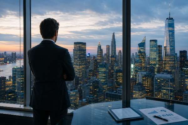 un uomo che guarda dalla finestra i grattacieli