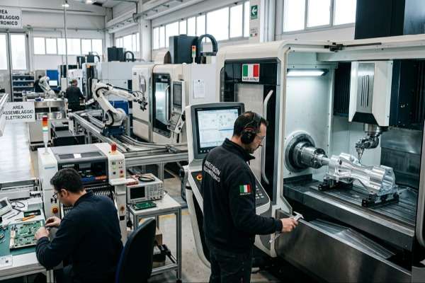 Operai italiani al lavoro nella produzione di macchinari di precisione