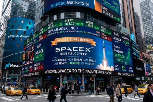 Times Square a New York. Un'immagine ricreata con l'IA di Gemini mostra la piazza con il cartellone del Nasdaq che mostra il logo di SpaceX nel giorno dell'ipo.