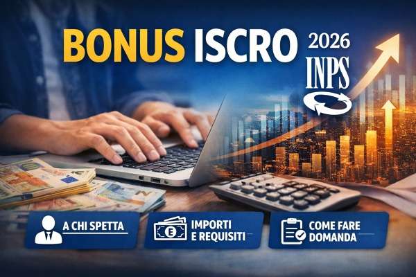 Grafica informativa sul Bonus ISCRO 2026 con laptop, euro e logo INPS