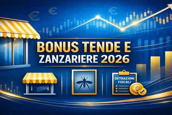 Grafica finanziaria sul Bonus tende e zanzariere 2026 con icone di tende, zanzariere e documenti fiscali