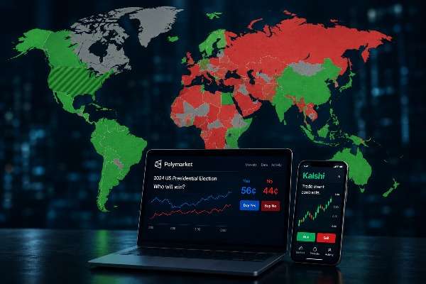 una foto di una mappa con un computer e un telefono che riprendono le scritte Polymarket e Kalshi