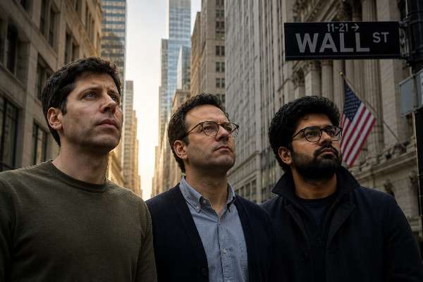 I CEO di OpenAI, Anthropic e Perplexity — Sam Altman, Dario Amodei e Aravind Srinivas — sotto il cartello di Wall Street