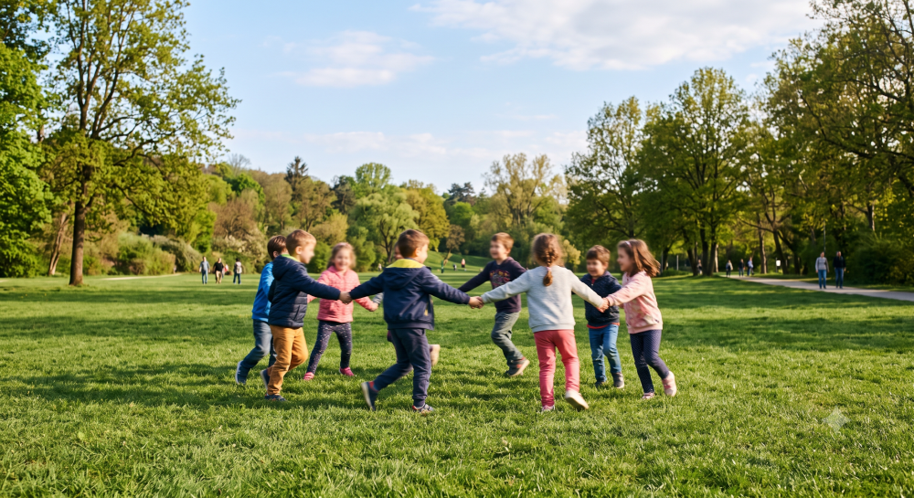 Un gruppo di bambini nel gioco del girotondo su un prato verde